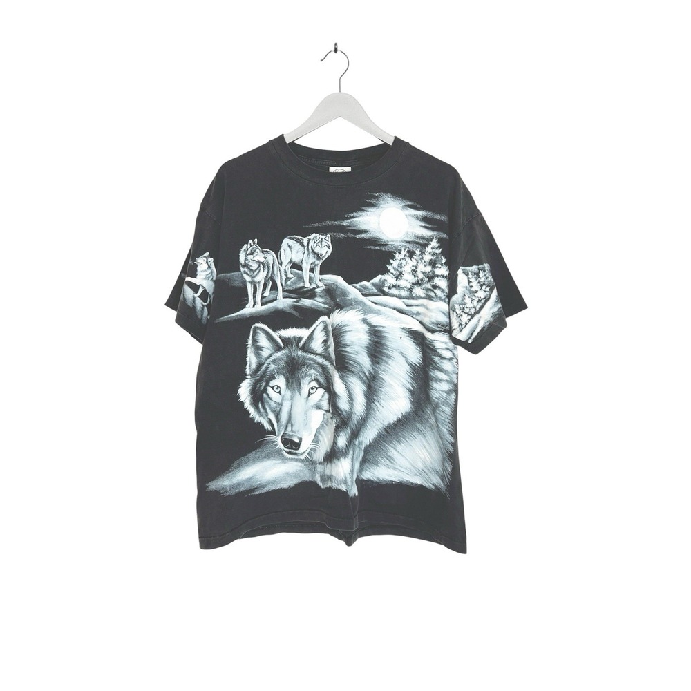 Vintage 90s Nancy Blauers All Over Print Wolf Tee Shirt Size XL Single Stitch
